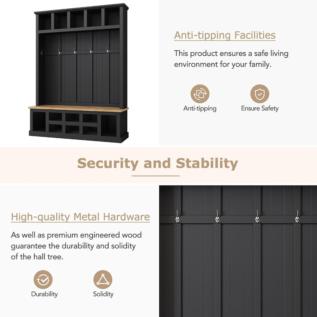 Farmhouse Wood Hall Tree with Bench and Shoe Storage, 5-in-1 Coat Rack with 6 Hooks for Entrance, Hallway Black