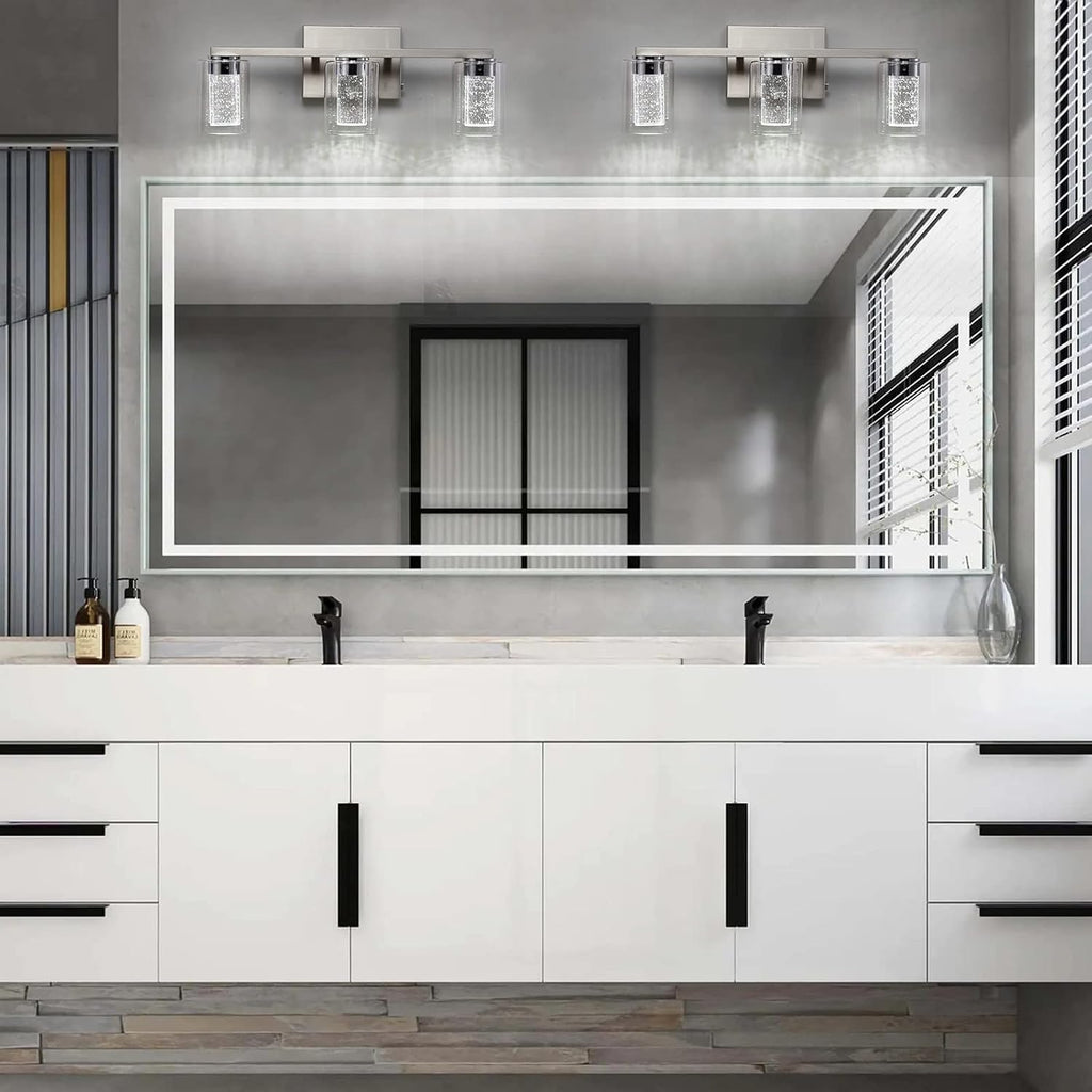 Bathroom Light Fixtures, 3 Light Brushed Nickel Bathroom Vanity Light over Mirror, 3 Color LED lights with Crystal