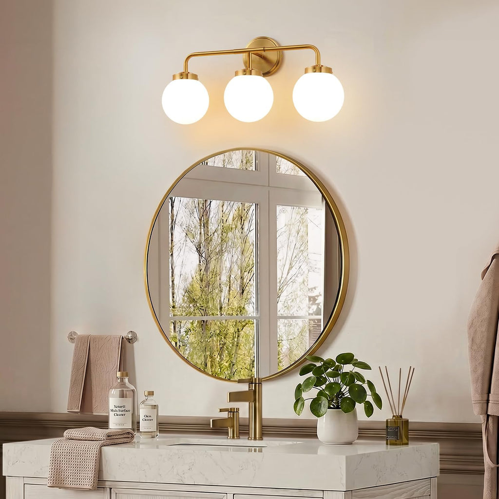 Modern Brushed Gold Vanity Lights , Mid Century 3 Light Bathroom Vanity Light with Globe Milky White Glass Shade Over