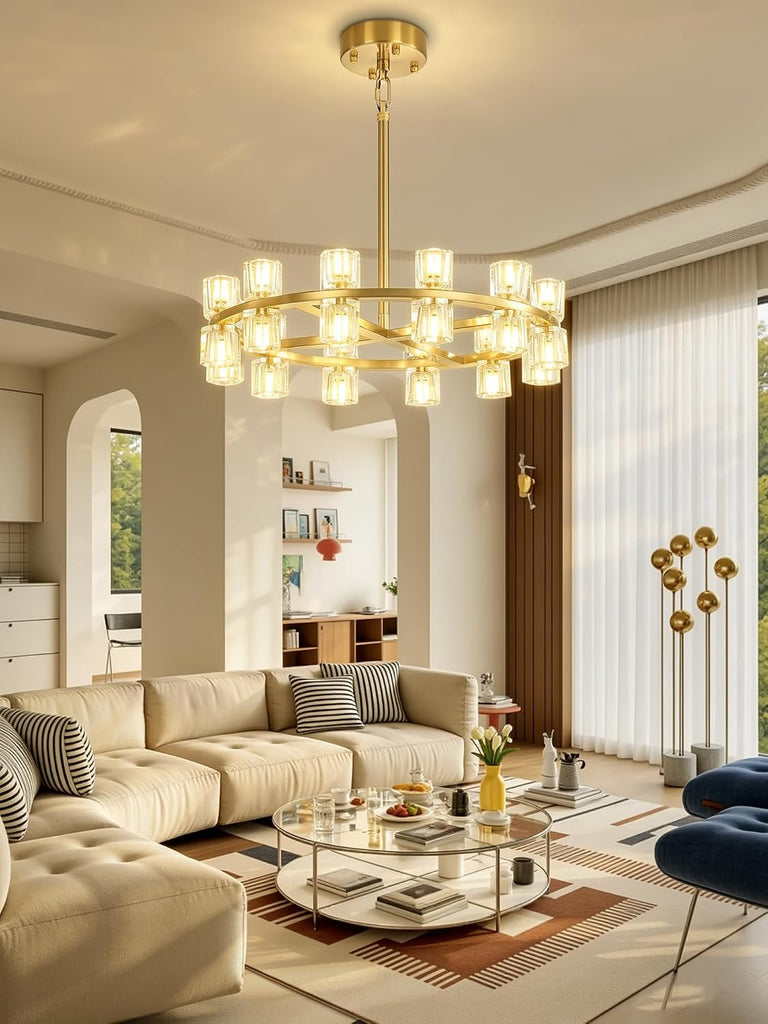 Inspired Arcachon Style Round Wagon Wheel Chandelier, 24" 24-Light Gold — Foyer, Dining & Living Room
