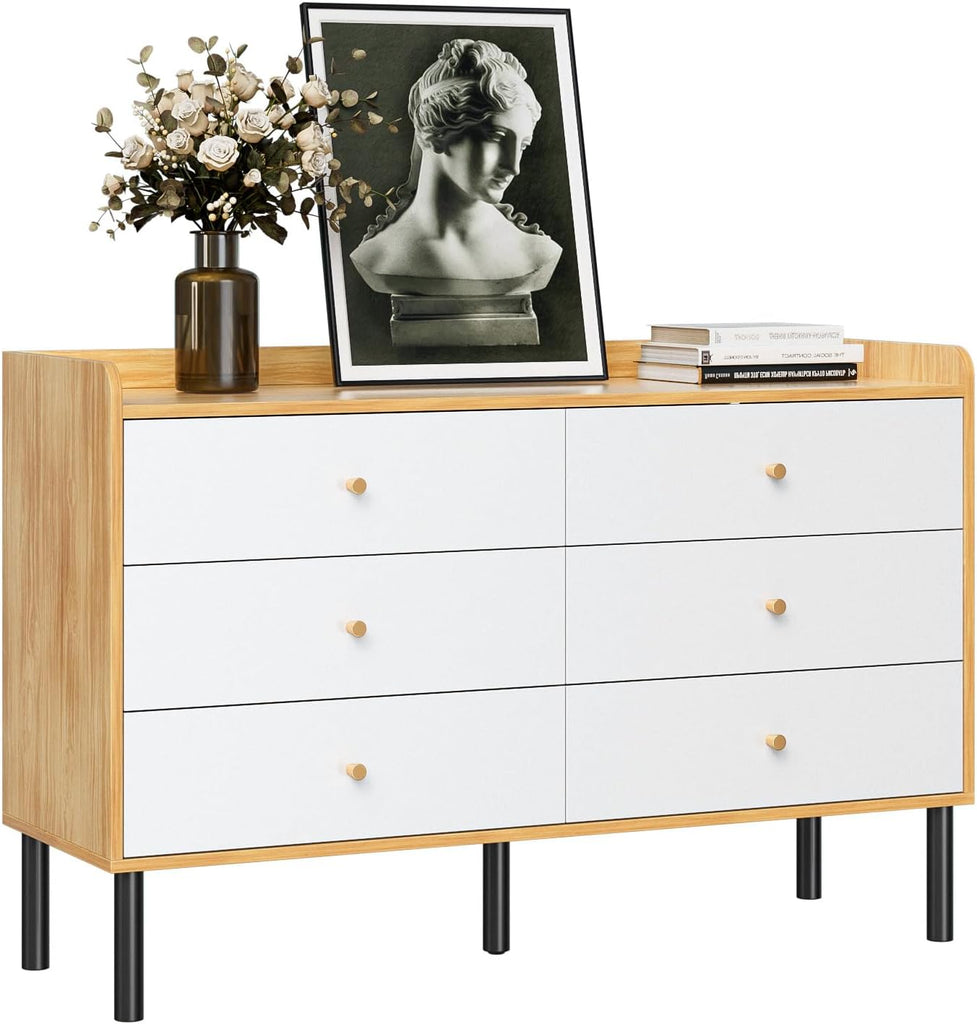 Dresser , 6 Drawer Natural Wood Dresser with Wide Drawer and Metal Handles, Modern Dressers & Chests of Drawers