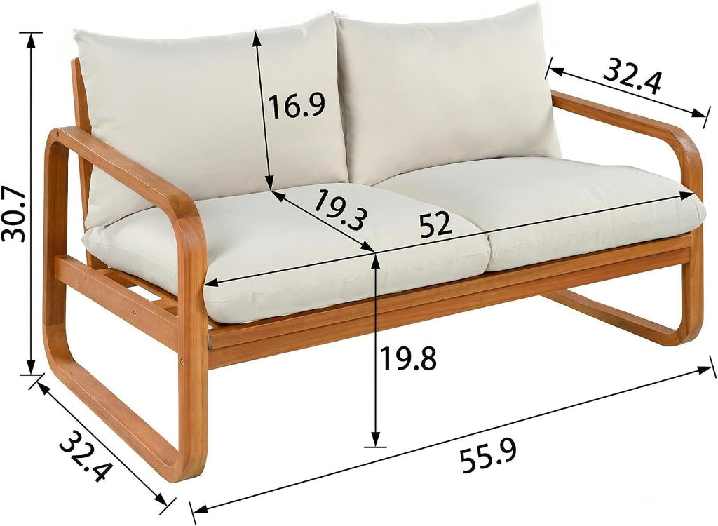 Outdoor 4-Piece Acacia Wood Conversation Set - Patio 2-Seat Loveseat Sofa w/Cushion, 2 Armchair and Square Coffee