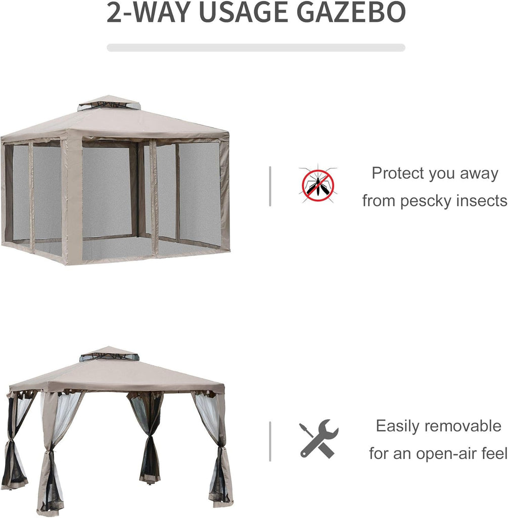 9.6' x 9.6' Patio Gazebo, Outdoor Canopy Shelter with 2-Tier Roof and Netting, Steel Frame and Deck, Taupe