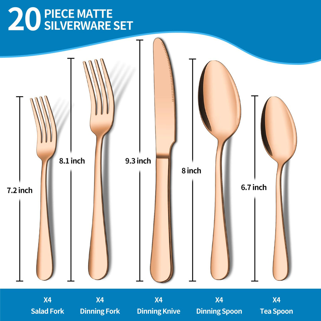 20 Piece Silverware Set, Rose Gold Stainless Steel Cutlery Set for 4