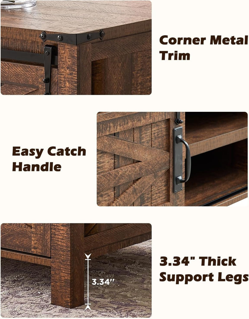 48" Farmhouse Lift Top Coffee Table with Sliding Barn Door,Rustic Center Table with Hidden Storage Compartment,Lifting