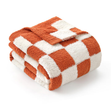 Orange Throw Blanket for Fall, Soft Twin Size Fall Checkered Blanket for Couch, Cozy Faux Fur Knit Microfiber Blankets