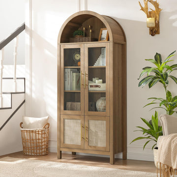 71" Tall Arched Display Cabinet, 5-Tier Bookshelf Modern Farmhouse Arched Bookcase with Glass Doors and Shelves