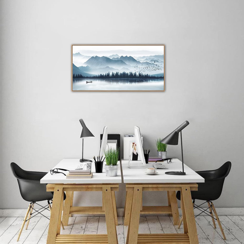 Indigo Framed Canvas Wall Art Misty Mountain Wall Pictures Foggy Lake Boat Painting Prints Forest Birds Artwork Wall