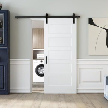 36"x84" Sliding Barn Door, 5-Panel White Primed Hollow Core Interior Molded Door Slab with 6FT Hardw