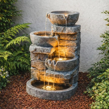 33" Outdoor Water Fountain with LED Lights, 3-Tier Cascading Bowls, Weather-Resistant Resin Garden Water Feature