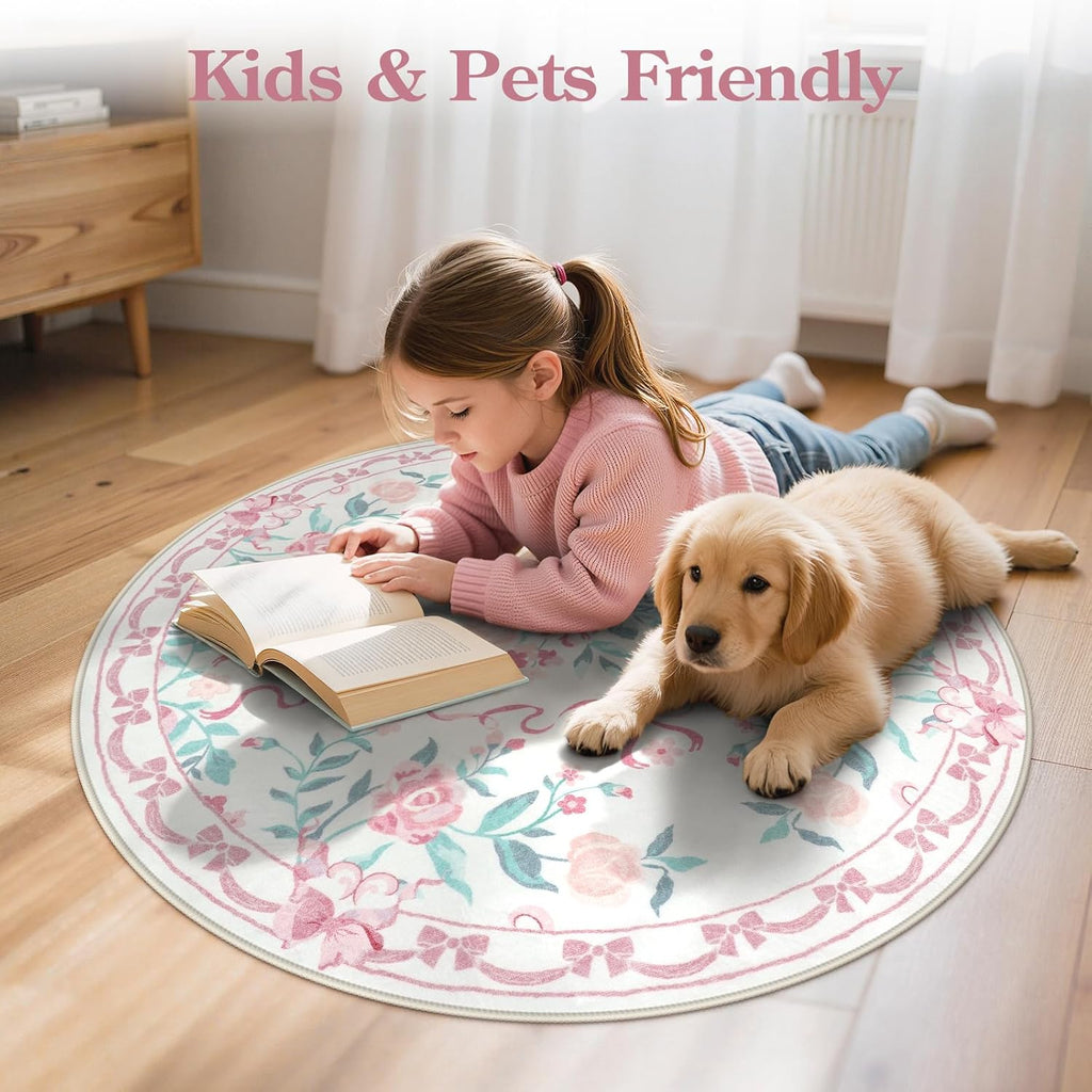 4ft Pink Floral and Bow Washable Round Rug for Girls Bedroom