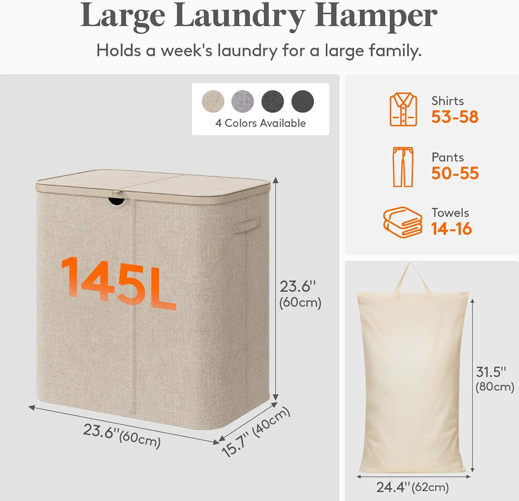 145L Large Laundry Basket with Lid, Laundry Hamper with Plastic Handles and Removable Bag, Foldable Tall Dirty