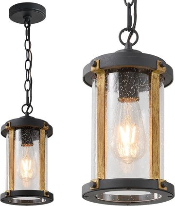 Outdoor Pendant Light for Porch, Black Farmhouse Wood Grain Finish Outdoor Chandelier with Clear Seeded Glass