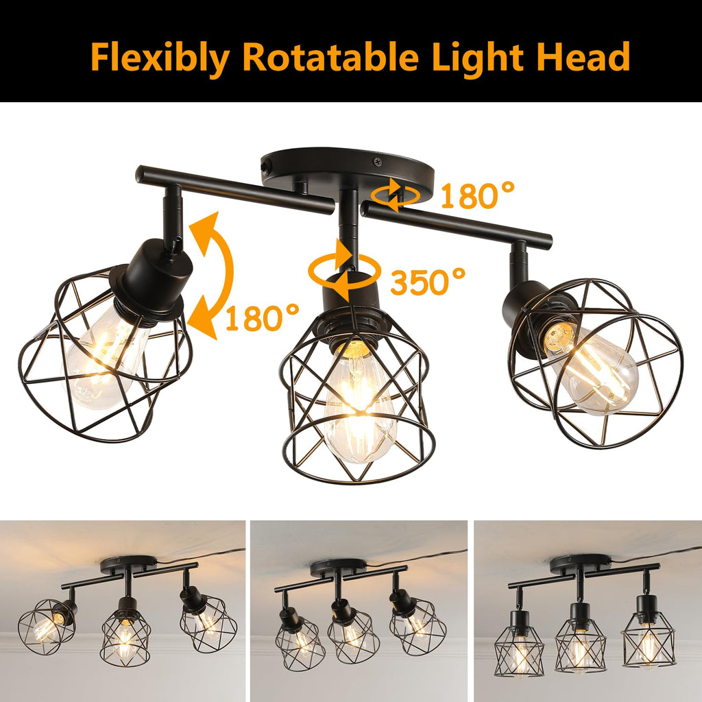 Dimmable Plug in Ceiling Light,Plug in Track Lighting,3 Light Black Industrial Farmhouse Ceiling Light with 16.5'