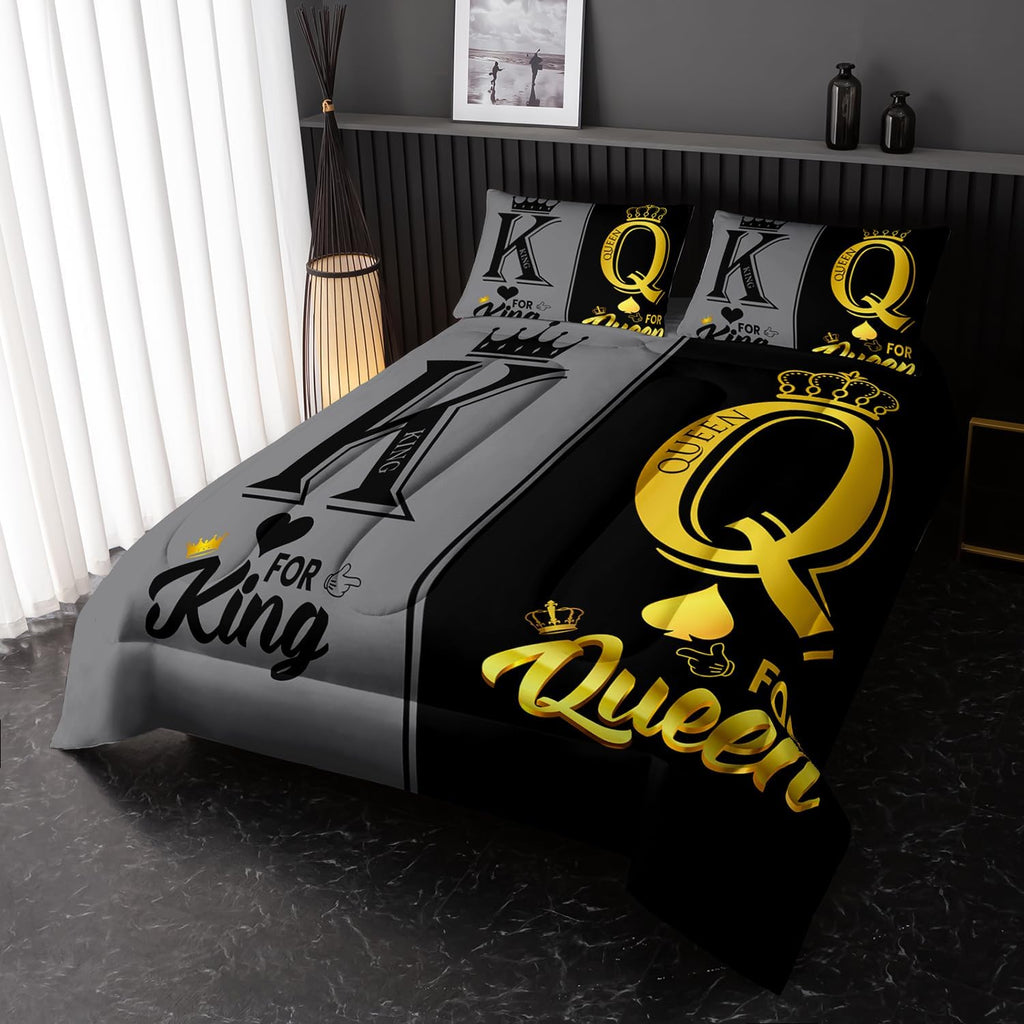 King and Queen Crown Comforter Set Black and Gray Couple Bedding Set，3Pcs Mr Mrs Comforter Set for Adults Couple Men