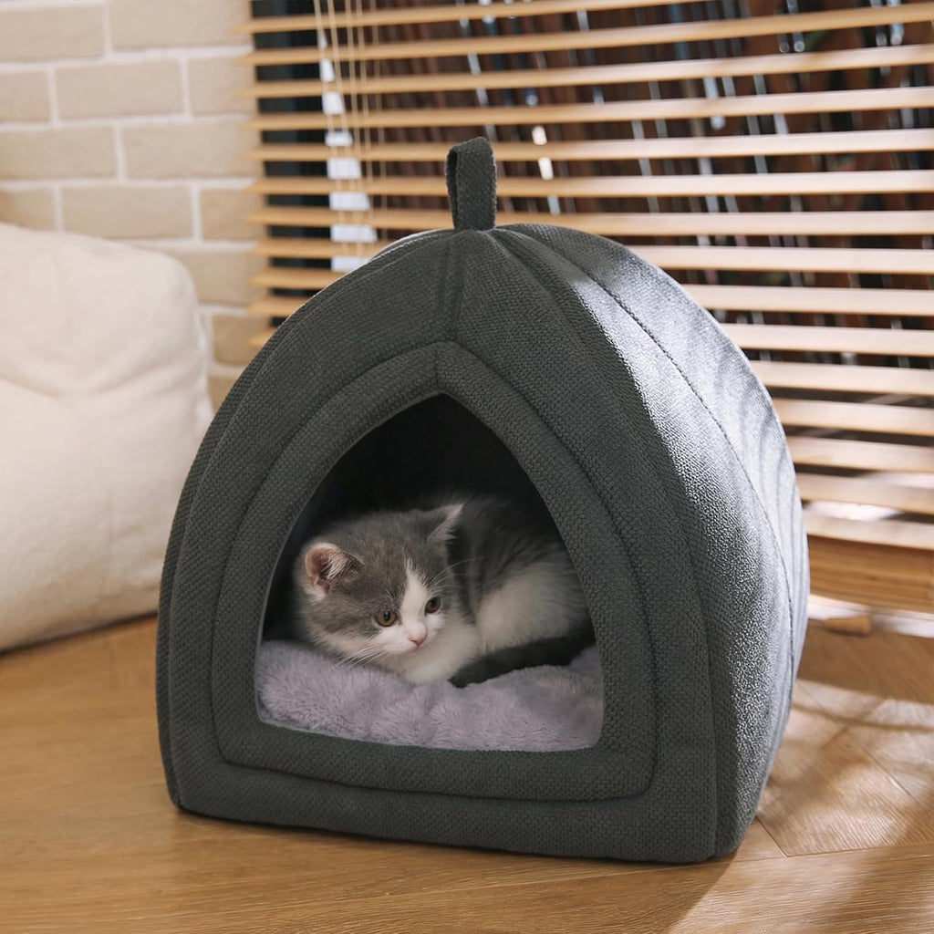 Cat Cave Bed, 2-in-1 Foldable House for Indoor Cats, with Washable Cushion and Non-Slip Base, 15 x 15 Inches, Small