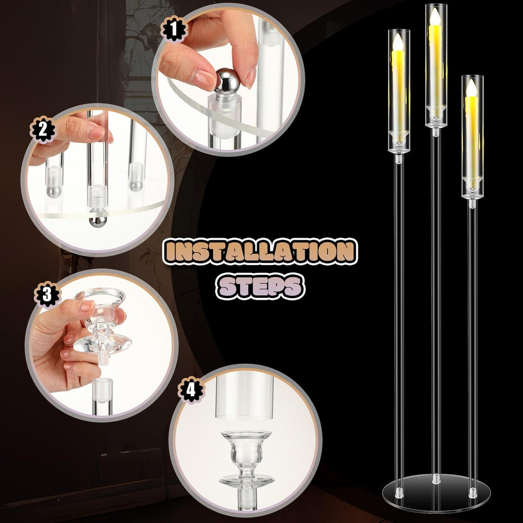 6 Set Acrylic Candelabra Centerpieces 3 Arms with 18 LED Candles 42.5'' Floor Tall Candle Holders with Acrylic Shade