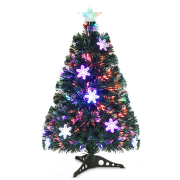 3FT Pre-Lit Christmas Tree with Multicolored Fiber Optics, 12 Snowflake LED Lights, Stunning Star, 85 PVC Tips