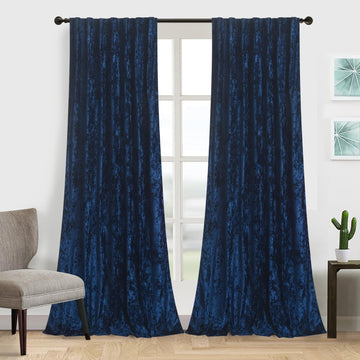 Lux Navy Blue Crushed Velvet Curtains, 2 Panel Set, Room Darkening Distressed Velvet Back Tab Curtain, 52" W x 96" L