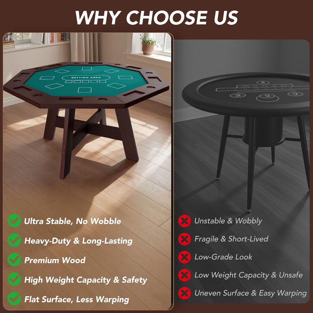 Solid Wood Poker Table, 60 Inch 8-Player Casino Style Game Table with Built-in Cup Holders & Felt Playing