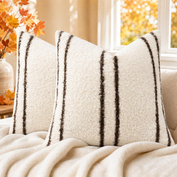 Faux Fur Striped Throw Pillow Covers 22x22 Set of 2 Ivory