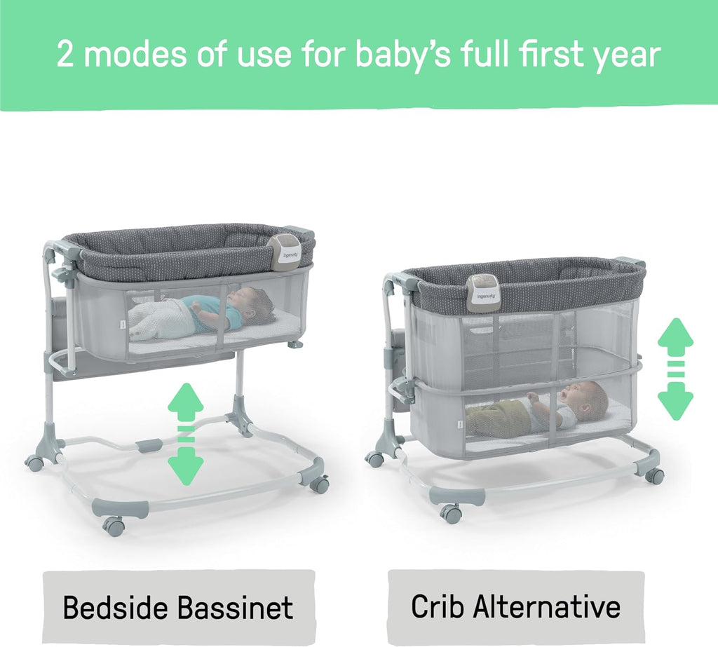 Dream & Grow Bedside Baby Bassinet with AirLoom Mattress, for Ages 0-12 Months, Adjustable Height - Handstitch (Grey)