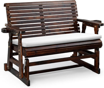 Wooden Patio Glider with Cushion, Heavy Duty 800 LBS Outdoor Glider with Cup Holders, 4 FT Wooden Glider Bench with