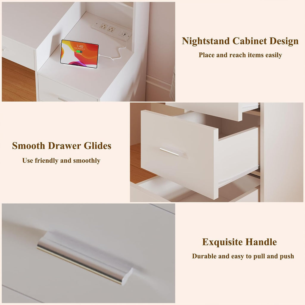 Large Vanity Desk with Mirror & Lights, White Makeup Vanity with 8 Drawers & 6 Storage Shelves, Vanity Set with LED