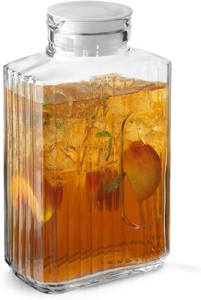 68oz Glass Pitcher with Lid (2 Lids), Rectangle Beverage Serveware and Storage Container for Cold Drinks and Liquids