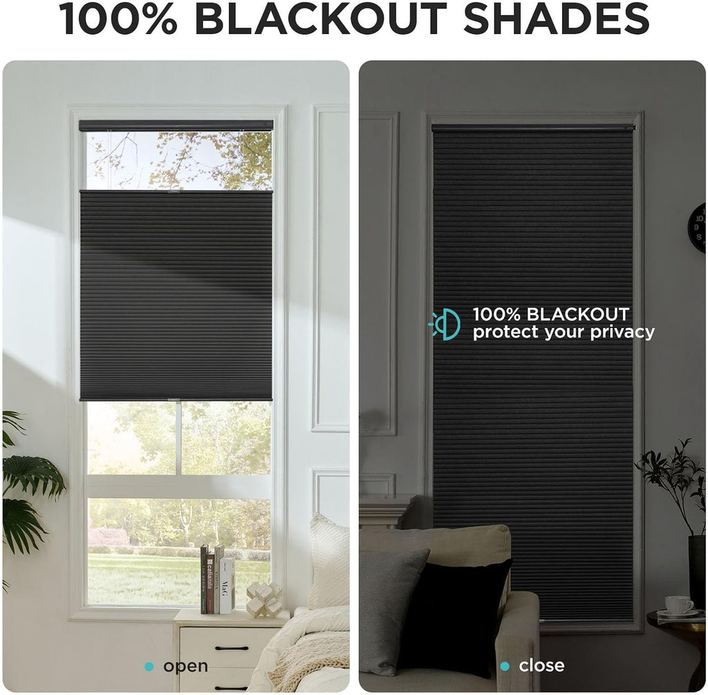 No Drill Blackout Cordless Cellular Shades, 34" W x 64" H, Black