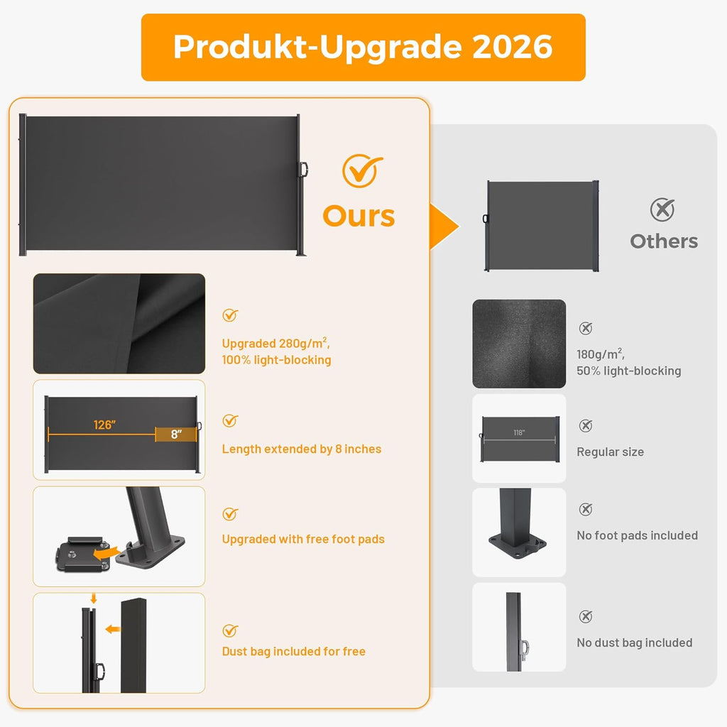 146" x 71" Retractable Side Awning with Privacy Screen Protection, Carbon Gray Waterproof & UV-Resistant Outdoor Side