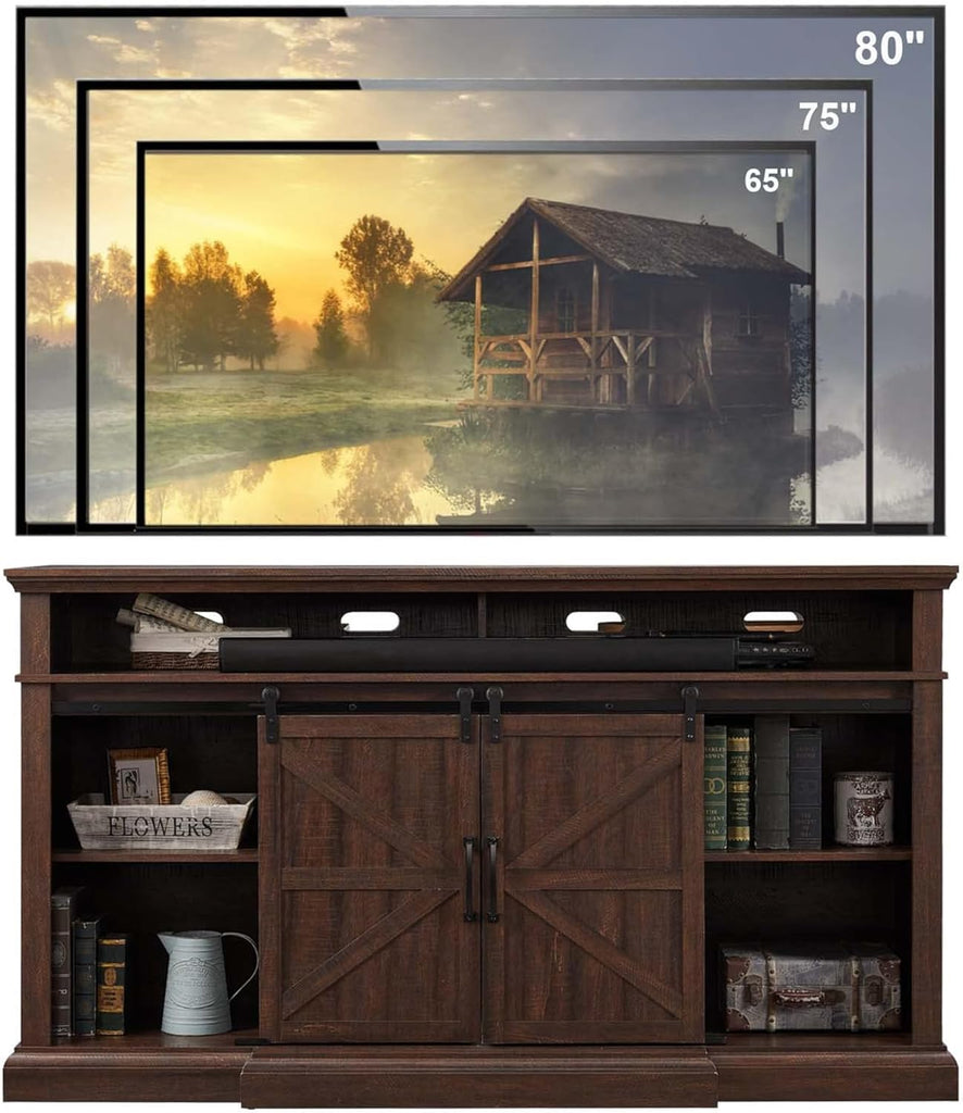 Farmhouse TV Stand for 80 Inch TVs, 37.4"Tall Entertainment Center w/Storage Cabinets and Sliding Barn Door, Media