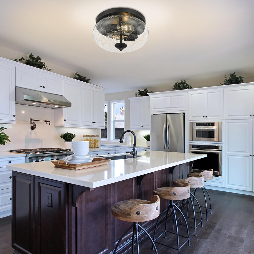 Black Ceiling Light Fixtures, Indoor Outdoor Flush Mount Ceiling Light with Seeded Glass Shade for Farmhouse Hallway