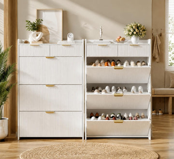 Modern Natural Shoe Cabinet with 3 Flip Drawers & 2 Small Drawers & Hook, Slim Fluted Shoe Storage Organizer, Narrow