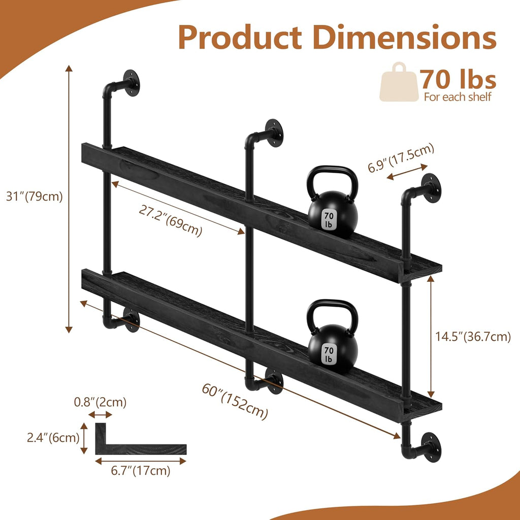 Bar Shelves, Wall Mounted Wine Rack, Black, 60 Inch