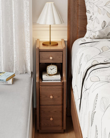 Solid Wood Narrow Nightstand with 3 Drawers, Modern Walnut, Fully Assembled
