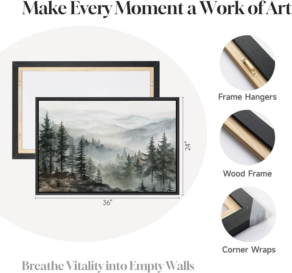 Framed Mountain Foggy Forest Landscape Wall Art, Horizontal Nature Watercolor Canvas Artwork for Walls, Misty Pine