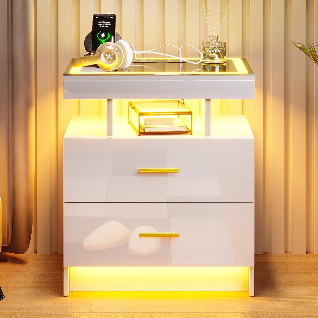LED Nightstand with Charging Station (USB,Type-C Ports) High Gloss Bedside Table with 2 Drawers, Smart Night Stand