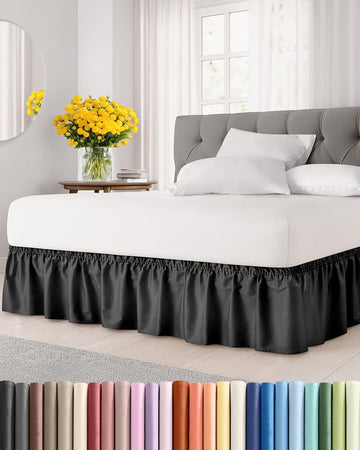 Wrap Around Dust Ruffle Bed Skirt - (Twin, Black) Beds with 18" - Drop Elastic Strap - 100% Cotton 600 Thread Count