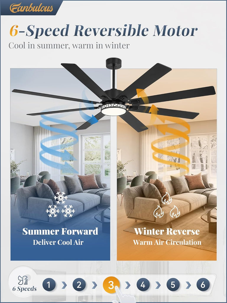 72" Ceiling Fan with LED Light and Remote - Black