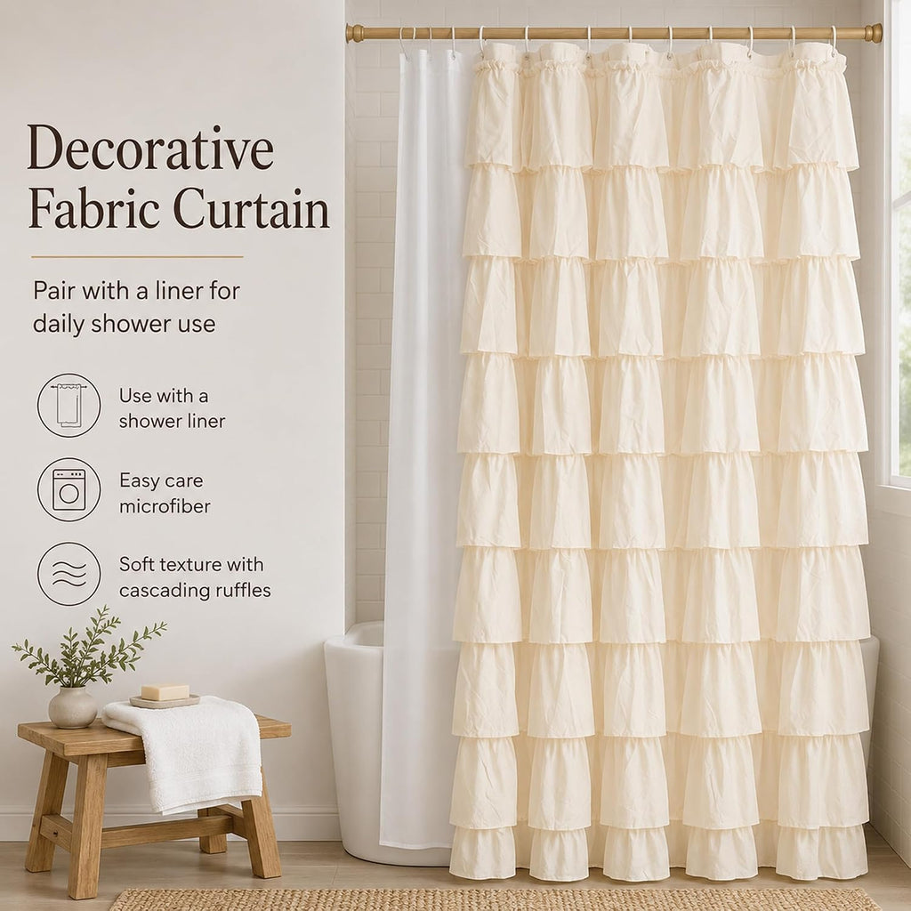 Beige Ruffle Shower Curtain , 72x72, Elegant Ruffled Panle | Soft Cream Color, Cascading Waterfall Ruffles, 72 x 72