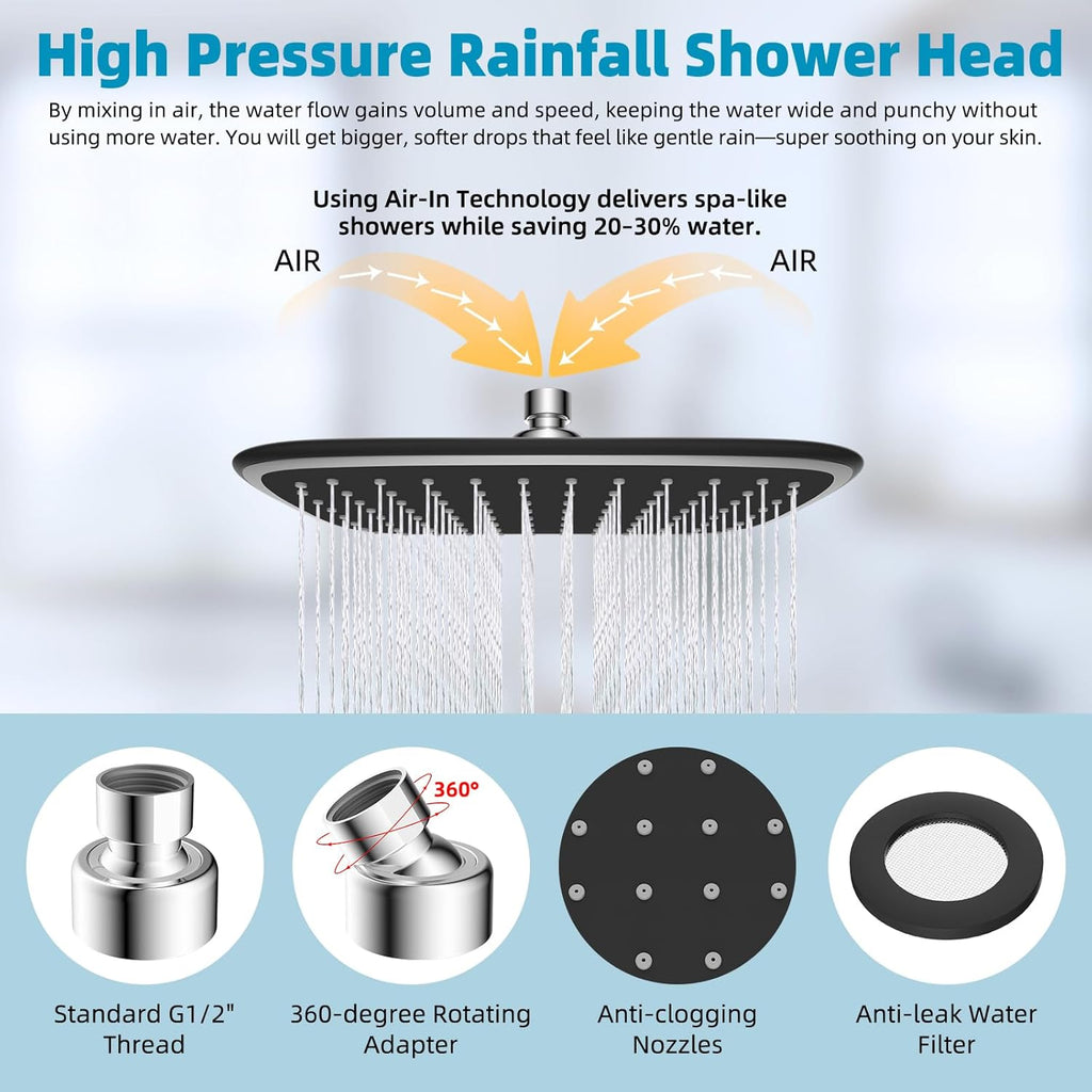 Rain Shower Head with 12" Shower Head Extension Arm, 10" High Pressure Boosting Rainfall/Fixed Showerhead