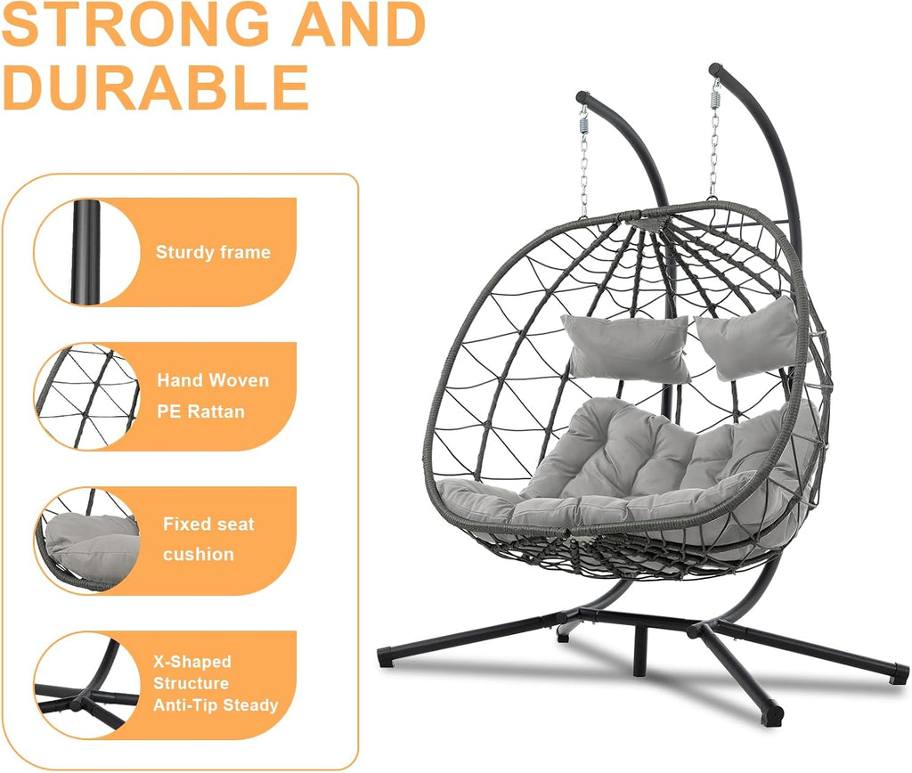 Double Egg Swing Chair with Stand, 2 Person Outdoor Indoor Hammock Hanging Chair with Cushion,Patio Wicker Hanging