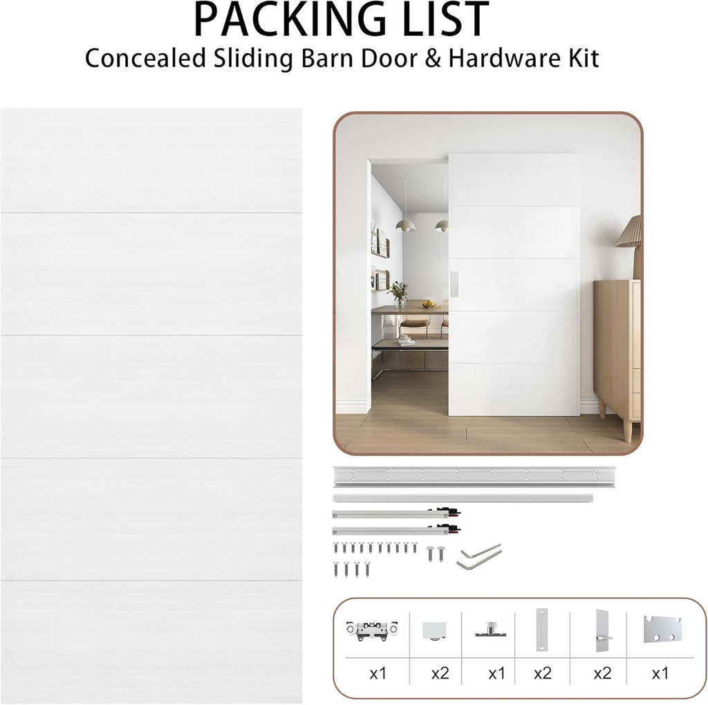 42"x84" Concealed Sliding Barn Door with Horizontal Groove and Soft Close Hardware Kit, White Flush 