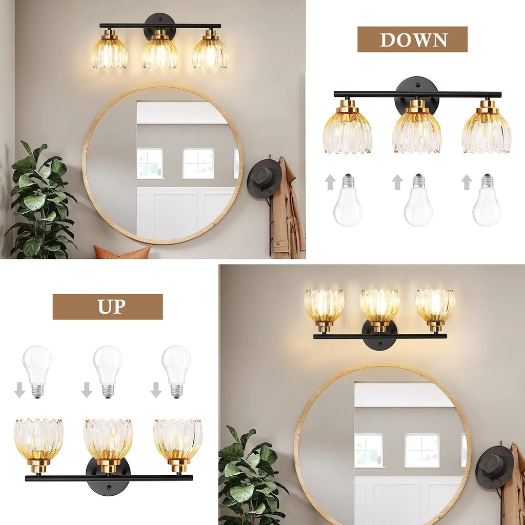Black Gold 3-Light Bathroom Vanity Light with Amber Tulip GlassShade | Modern Vanity Lighting Fixtures, Bathroom