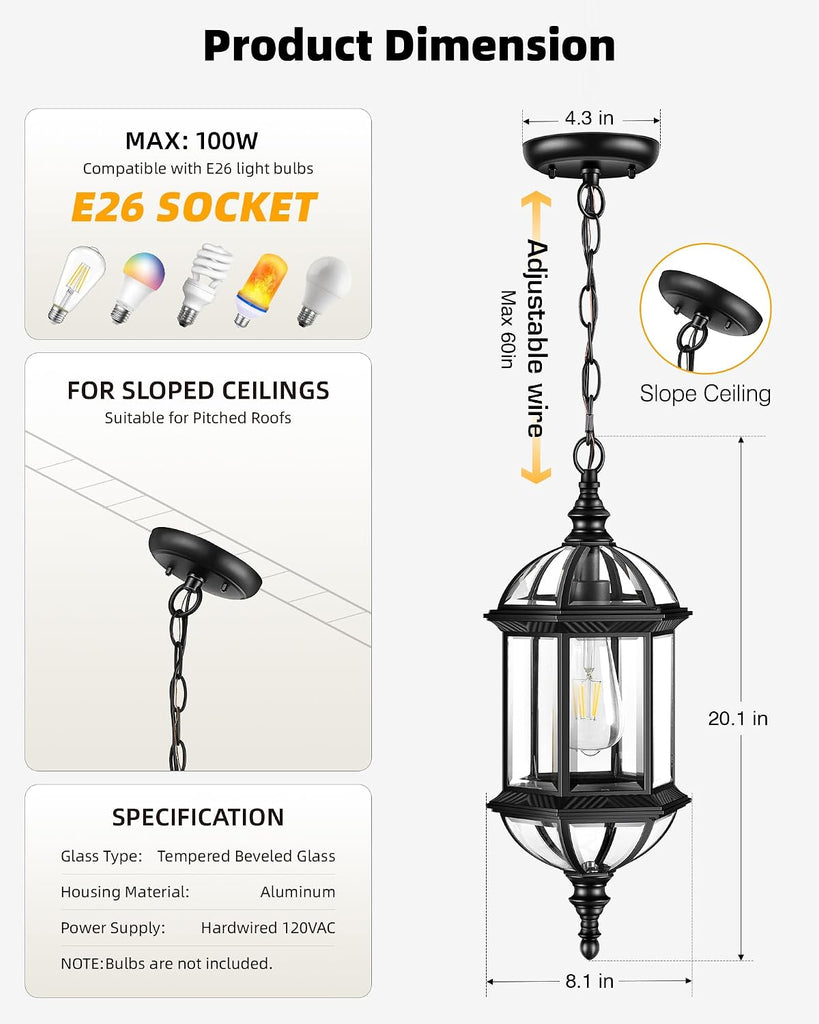 20" Large Outdoor Pendant Light, Black Outdoor Chandelier for Porch with Tempered Beveled Glass