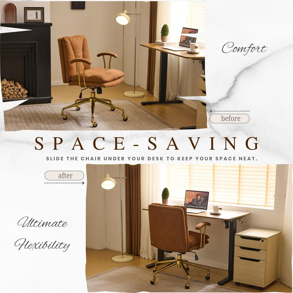 Home Office Desk Chair Comfy with wheels&Removable Armrests,Gold Base Vanity Chair with Back,Adjustable Rolling