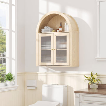 Medicine Cabinet with Arched Top, Bathroom Wall Cabinet Over Toilet with Wave Pattern Tempered Glass Doors and