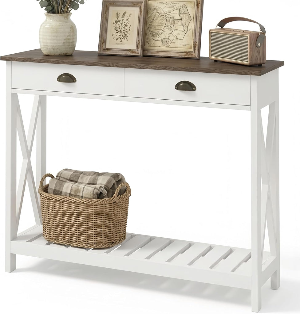 Farmhouse Console Table with Drawer , Narrow Long Entry Table with Shelf , Rustic Vintage Hallway Sofa Table with