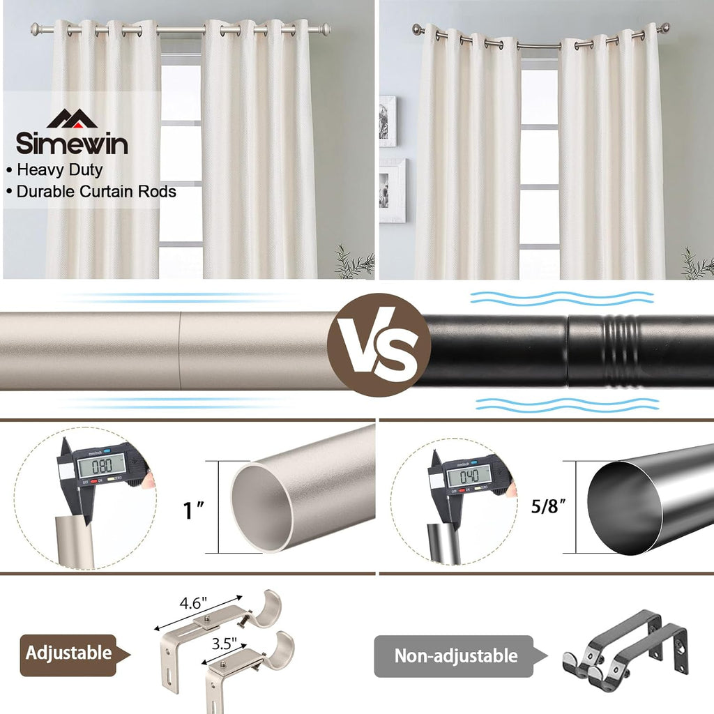 Silver Curtain Rods for Windows 72 to 144 Inches Adjustable Decorative 1 Inch Diameter Single Window Curtain Rod Set